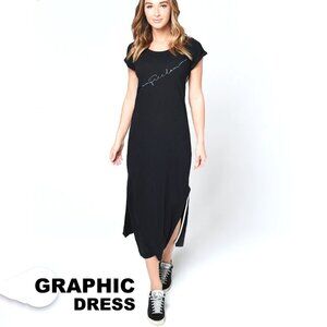Z SUPPLY | LONG BLACK T-SHIRT DRESS WITH GRAPHIC DETAIL | COTTON